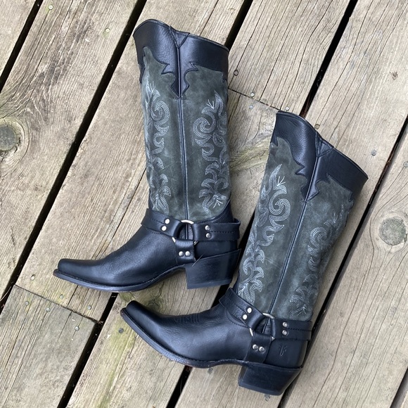 FRYE Boots LILY HARNESS Leather Suede Black Gray Embroidered Western Size 7.5 - Picture 5 of 13